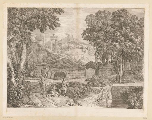 Arcadian landscape with two men and a woman carrying fruit