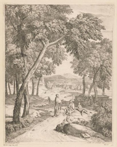 Arcadian landscape with figures on a path under a tree