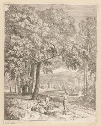 Arcadian landscape with two men and a woman carrying a basket