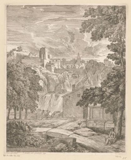 Arcadian landscape with a waterfall and a woman under a tree