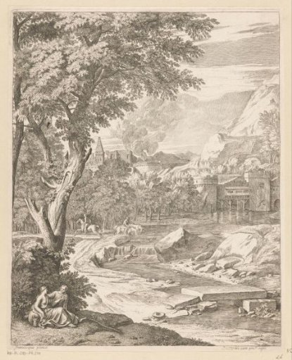 Arcadian landscape with figures by a stream