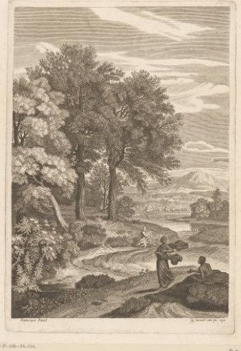Arcadian landscape with a woman with a fluttering scarf