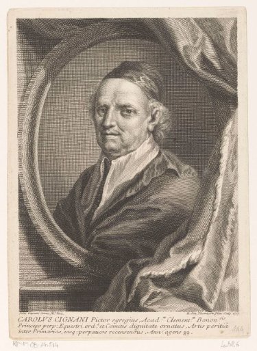 Portrait of Carlo Cignani in an oval frame with a curtain