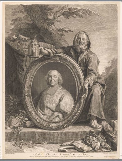 Portrait of Cardinal André-Hercule de Fleury in an oval frame held by Diogenes in a landscape