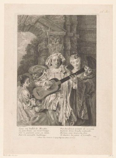 Mezzetin with a guitar surrounded by five figures