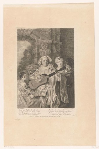 Mezzetin with a guitar surrounded by five figures