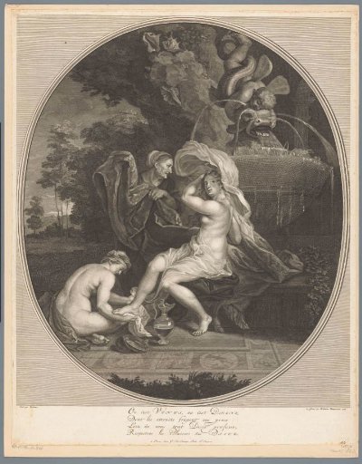 Bathing young woman, possibly Venus or Diana, at a fountain with two attendants