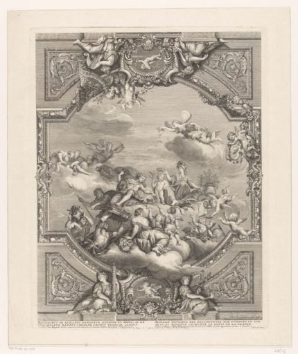 Ceiling painting in Versailles: Apollo distributing rewards to the Arts and Sciences, Minerva crowning the genius of France