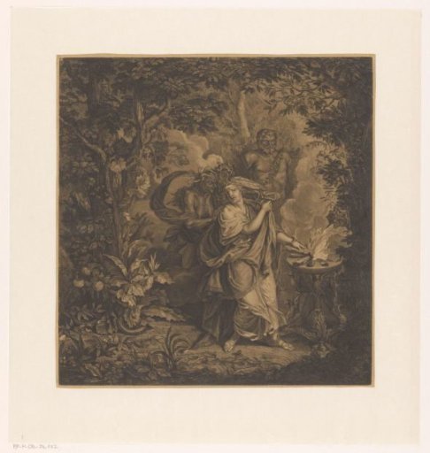 Mythological scene with a sacrificing queen in a forest, possibly Althaea, and three Gorgons