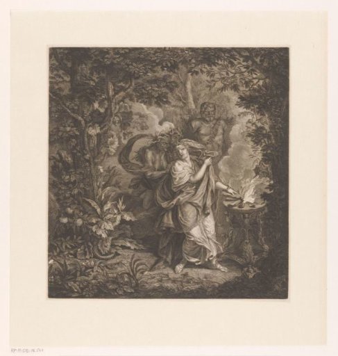 Mythological scene with a sacrificing queen in a forest, possibly Althaea, and three Gorgons