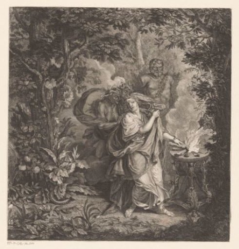 Mythological scene with a sacrificing queen in a forest, possibly Althaea, and three Gorgons