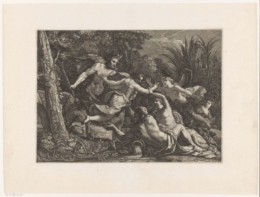 Nymphs, satyr and river god in a forest