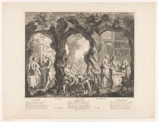 Landscape with three scenes in which a young woman buys, wears and sells a medallion