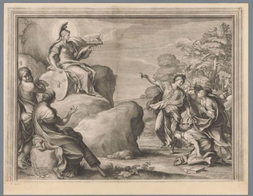 Minerva Seated on a Rock with a Target in Her Hand, Pointing at the Foot of the Rock to Attentive Women and Men