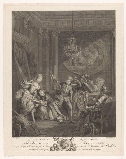 A violinist and two young women in an interior, a seated man watching