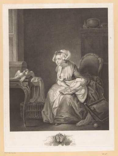 Interior with a young woman, seated on a chair, looking at two doves on a desk