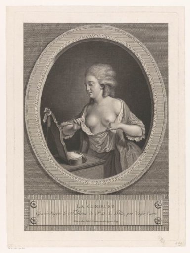 Woman at a dressing table, looking in the mirror, exposing her breasts