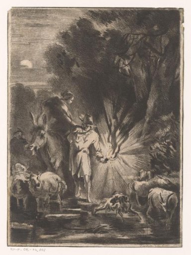 Nocturnal landscape with shepherd and shepherdess by a stream