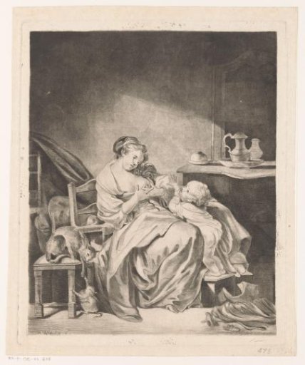 Interior with a seated woman feeding her child
