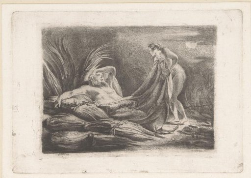 Naked young woman before an old man on sheaves of corn