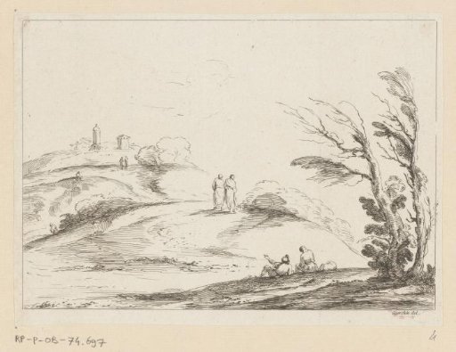 Hilly landscape with various figures