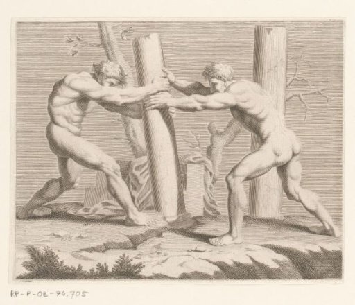 Two Naked Men Loosening a Pillar