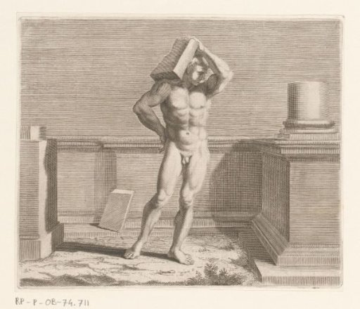Naked Man Carrying a Tile on His Shoulder