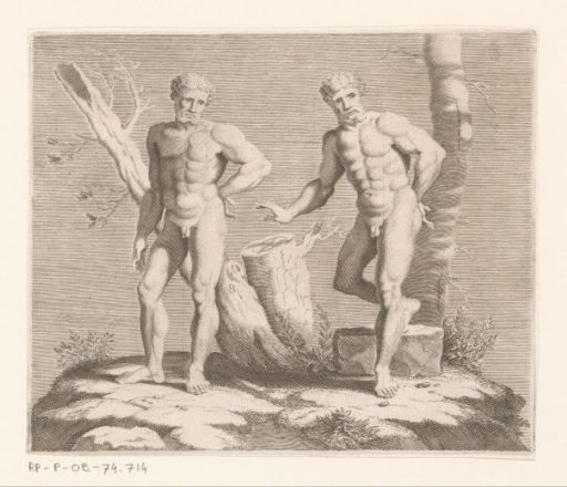 Two Naked Men at Tree Stumps