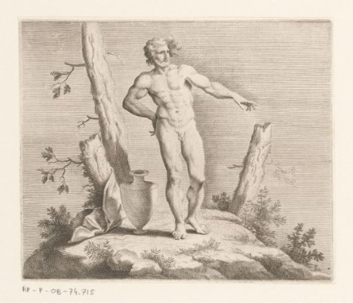 Naked Man Next to a Vase and Tree Stump
