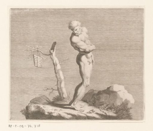 Naked Man, Possibly Pan, by a Tree Stump with Pan Flute