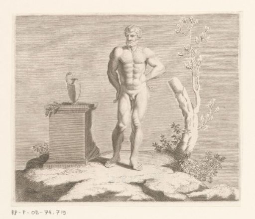 Naked Man Between a Tree Stump and a Pedestal with a Vase