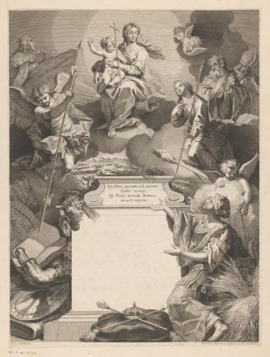 Mary with Child on clouds with Archangel Michael, a French king, church fathers and saints