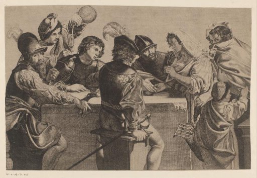 Fortune-teller and soldiers around a table