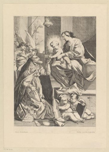 Kneeling bishop offers a flaming heart to the Child on Mary's lap