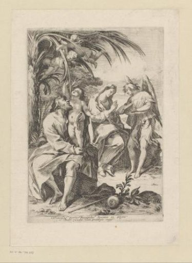 Holy Family with angel by palm tree