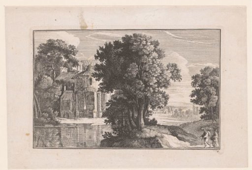 Walkers in a landscape with a house by the water on the left