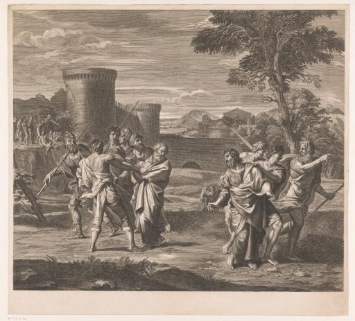 Two men separated by soldiers and others