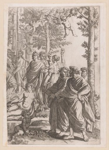 Laurel-crowned men and women gathered in a wood