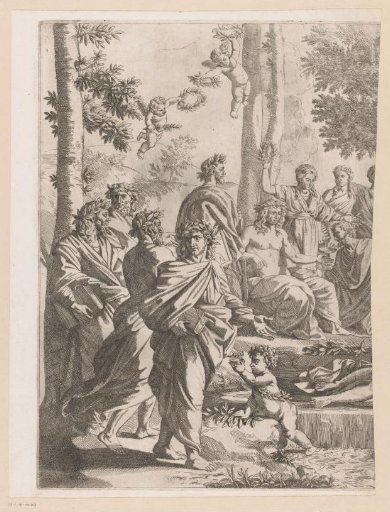 Laurel-crowned men and women in a wood