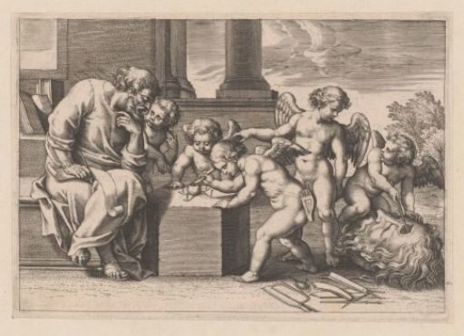 Scholar instructs five cupids in dissection