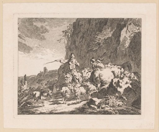 Shepherds with Flock by a Rock
