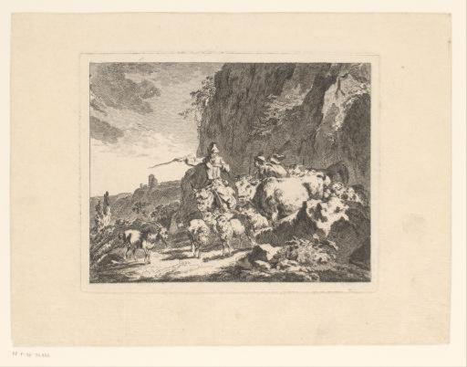 Shepherd on Donkey and Man with Knapsack by Flock