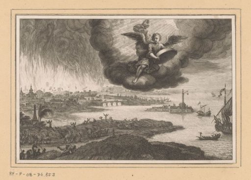 Angel with Wheel in Hand above a Burning City on the Seashore