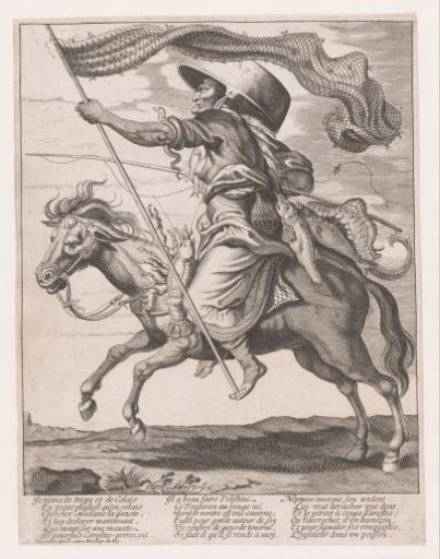 Woman on a horse, hung with fish and a fishnet as a banner, Carnival