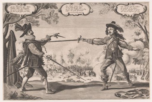 Two duelling gentlemen with swords on a battlefield