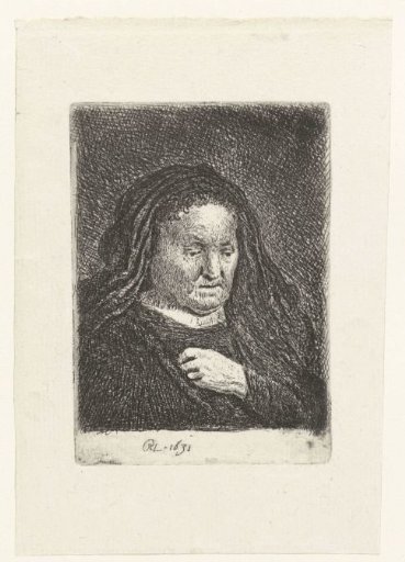 The artist's mother with her hand on her chest