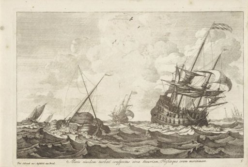 Turbulent sea with a warship under sail on the right