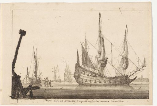Three-masted warship at a pier