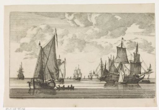 Sailing ships and skiffs on calm sea