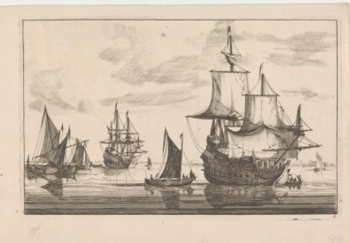 Two warships and other sailing ships on calm water